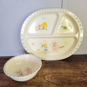 Vintage 1986 Peco Divided Childs Plate  and Bowl Set Turtle Bunnies Mushrooms